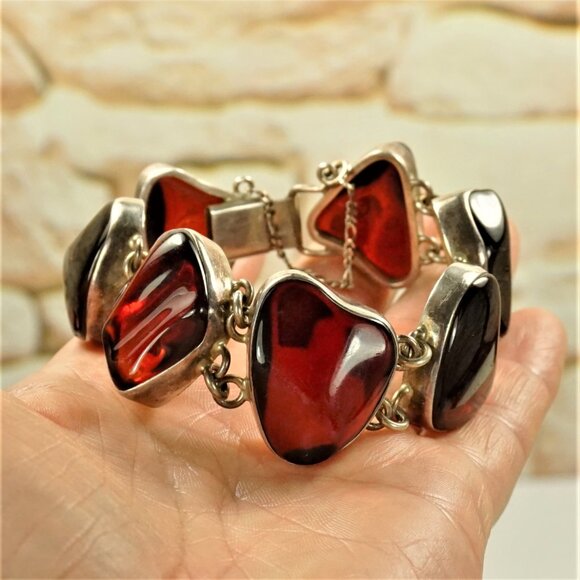 Rare To Find Cherry Amber Link BRACELET in 925 Silver, Heavy Jewelry, OOAK Gift - Picture 9 of 16